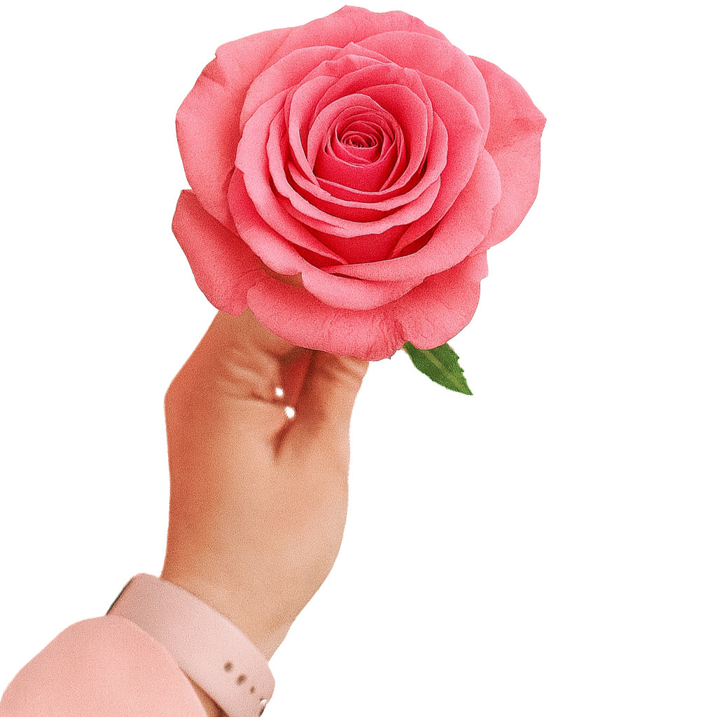 A hand holding a pink rose against a white background.