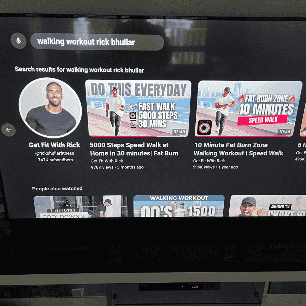 ouTube search results for “walking workout Rick Bhullar” showing fitness videos by Get Fit With Rick.