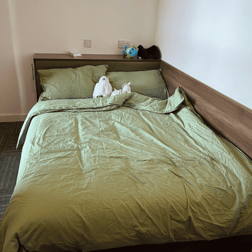 Letting go as a mother while fixing my firstborn’s dorm bed with green sheets before leaving him to start university life.