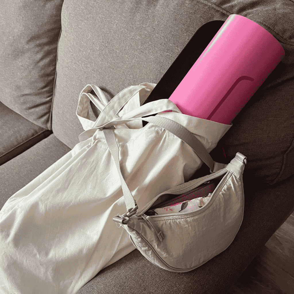 Perimenopause at 45 commitment to movement with yoga mat packed in a bag
